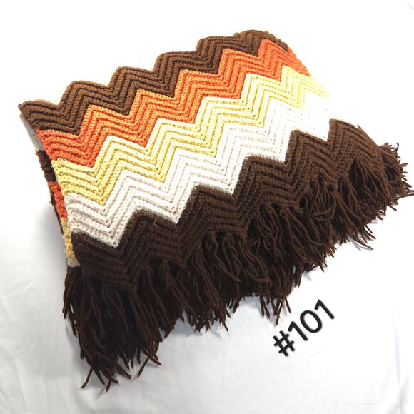 Vintage Handmade Afghan Blanket Crochet Knit Zigzag 60x74 Brown Orange Cream - Picture 1 of 6